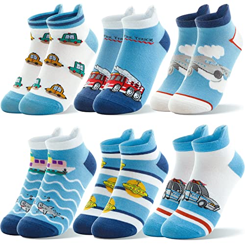 Welwoos Kinder Lustige Socken Jungen Sneaker Socken Bunte Kurze Kindersocken Cartoon Baumwolle Kleinkind Geschenke Socken 6 Paare (Auto, 3-5 Jahre) von Welwoos