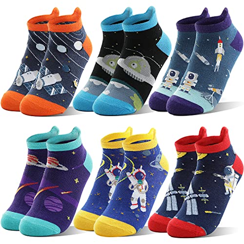 Welwoos Kinder Lustige Socken Jungen Sneaker Socken Bunte Kurze Kindersocken Cartoon Baumwolle Kleinkind Geschenke Socken 6 Paare Socken Jungen Kinder 27 34 33 28 32 26 (Weltraum, 9-14 Jahre) von Welwoos