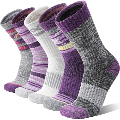 Welwoos Merino Wandersocken für Damen Herren Warme Thermosocken Outdoor Merinowolle Socken Dick Warmesocken Wintersocken Trekking Sportsocken 5 Paar (Lila, 36-42) von Welwoos