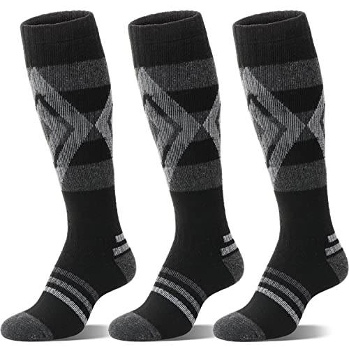 Welwoos Skisocken aus Merinowolle für Damen Herren Warme Wolle Thermosocken Dicke Lange Wintersocken Kompressions-Snowboardsocken Atmungsaktiv Geschenke Ski Socken 3 Paare(Diamant-Schwarz,M) von Welwoos