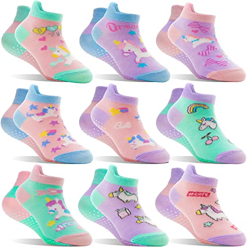 Welwoos Stoppersocken Kinder Baby Mädchen Rutschsocken Kinder Rutschfeste Anti-Rutsch Kurze Einhorn Geschenk Baumwolle Antirutschsocken Kleinkind Socken 9 Paare(Grün Einhorn,1-3 J) von Welwoos