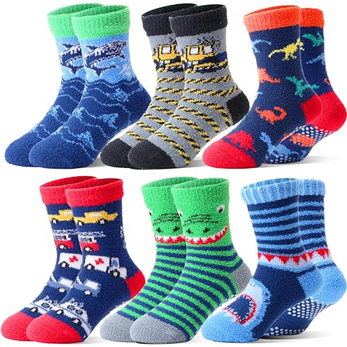 Welwoos Stoppersocken Kinder Kuschelsocken Jungen Dicke Socken Warme Anti Rutsch Wintersocken Flauschige Bettsocken Geschenke Haussocken 6 Paare(Tier & Autos,26-29) von Welwoos