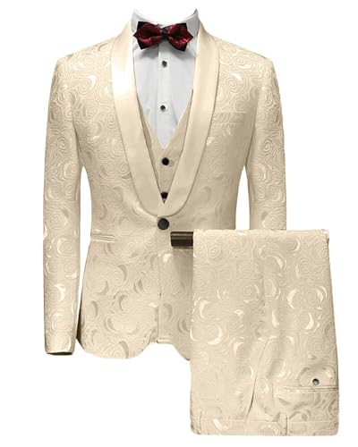 Wemaliyzd Herren 3 Stück Jacquard Hochzeit Anzug Klassische Passform Blazer Weste Hosen, 3 Stücke-champagner, 46 von Wemaliyzd