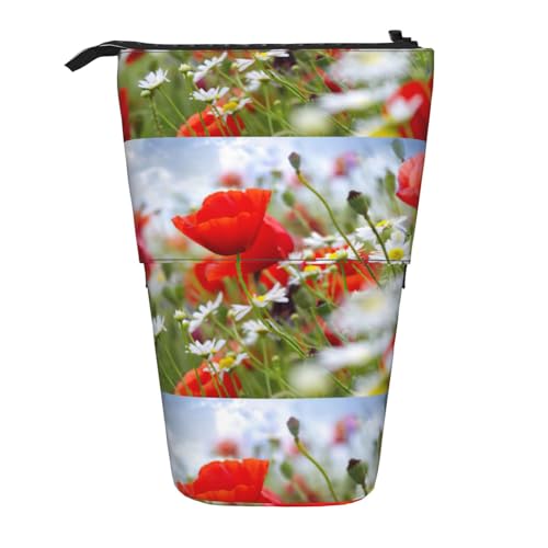 Meadow and Daisy Flowers Vertical Retractable Pencil Case Makeup Bag Wallet Storage Bag for Pens Pencils and Small Items, Schwarz , Einheitsgröße, Kosmetiktasche von WenDang