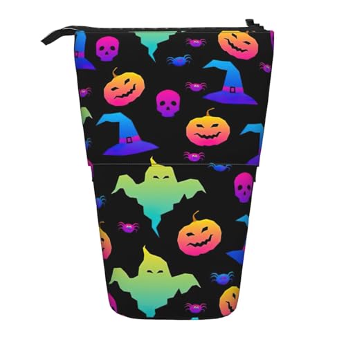 Rainbow Halloween Ghost Witch Hat Spiders Vertical Retractable Pencil Case Makeup Bag Wallet Storage Bag for Pens Pencils and Small Items, Schwarz , Einheitsgröße, Kosmetiktasche von WenDang