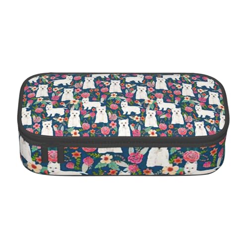 WenDang Multifunktionale Schreibwarentasche mit weißem Hund und Blumen, geeignet für Reisen, Bürobedarf, Make-up und Schreibtisch-Organisation von WenDang