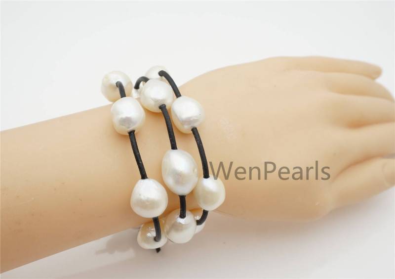 12-15mm Sehr Großes Perlenleder Armband - 3-Reigen Lederperlen Echte Süßwasserperle Echtleder Le7-166 von WenPearls