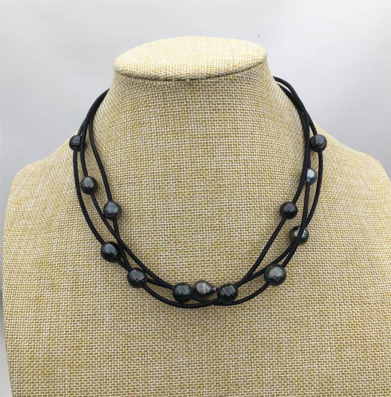 3 Reihen Tahitian Perle Und Leder Halskette, Floating Multi-strang Perlen Halskette, Le11-028 von WenPearls