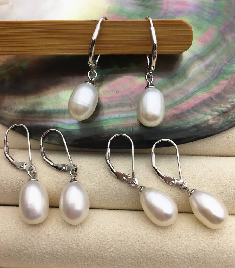 9 Mm Weiße Reisperlen Baumelnde Ohrringe, Brautjungfer Ohrring, Echte Perle Für Hochzeitstag, Mit Frankreich Hoop, Se3-074 von WenPearls