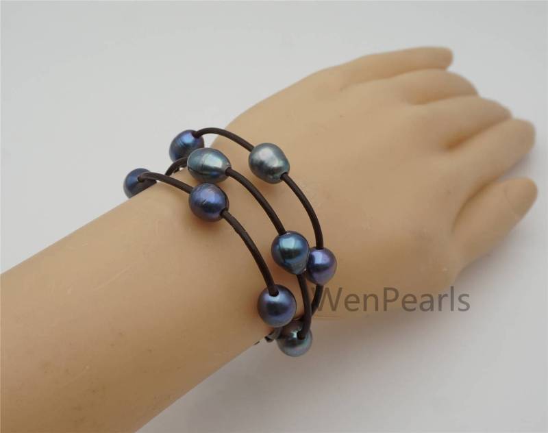 9mm Schwarzes Reisperlen Lederarmband - 3Reihig Lederperlen Armband Misc Color Pearl Echtleder Le7-181 von WenPearls
