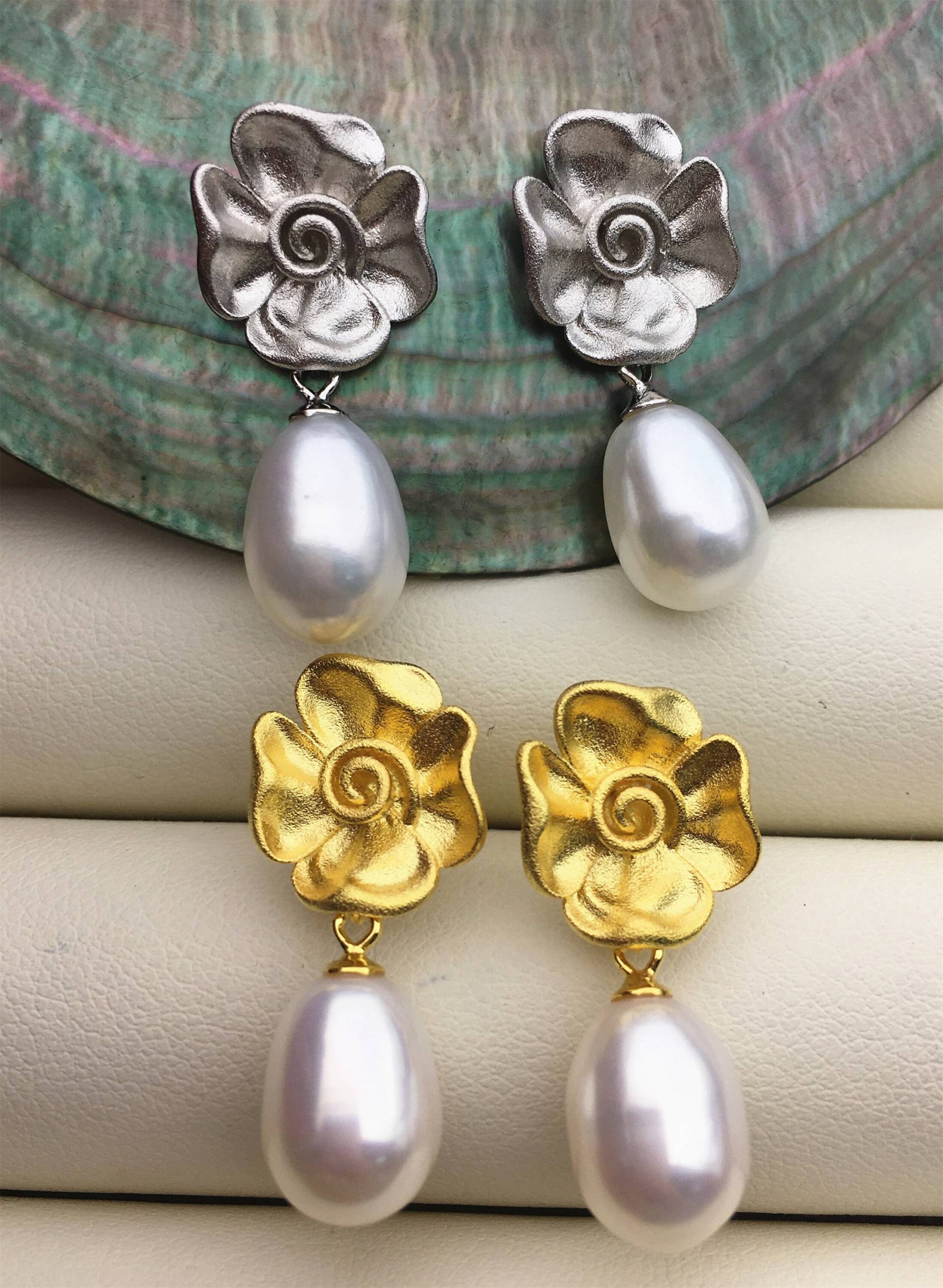 Aaa 9mm Blumen Silber/Gold Weiße Reis Perle Cz Ohrstecker, Ohrringe Für Frauen Mädchen, Se3-050 von WenPearls