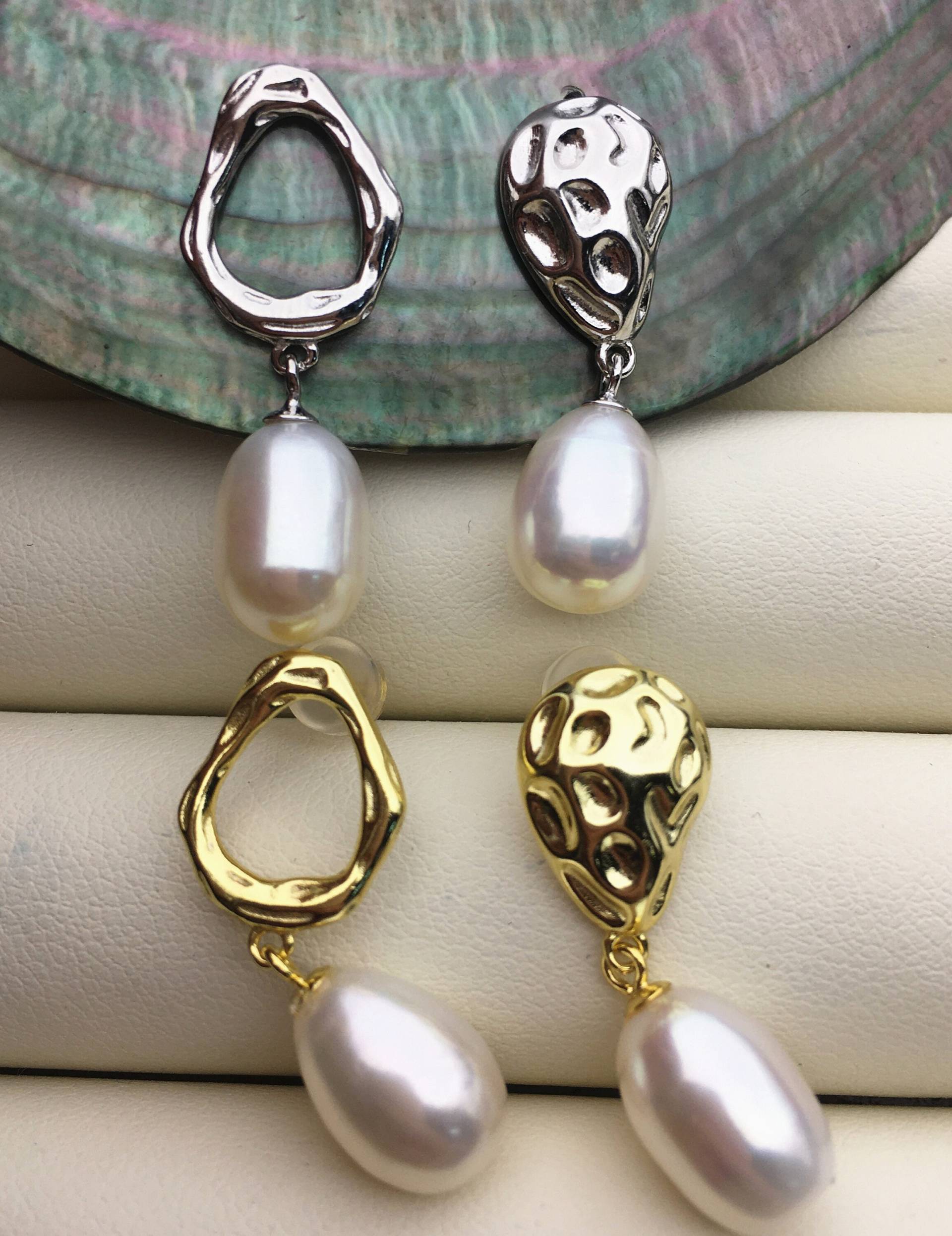 Aaa 9mm Silber/Gold Weiß Reis Perle Cz Ohrstecker, Ohrringe Für Frauen Mädchen, Se3-048 von WenPearls