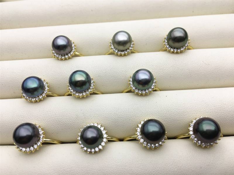 Aaa 9mm Tahtiian Perle Sonnenblume Gold S925 Sterling Offener Ring, Cz Verlobungsringe, Trauringe Für Frauen, Eternity R1-032 von WenPearls