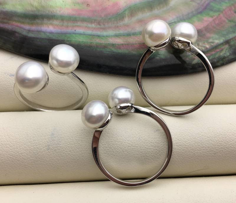 Aaa Weiße Zwei Perlen Echter Sterling Silber Ring, Jubiläumsring, Eheringe Für Frauen, 925 Offenen Ring Schmuck, R1-028 von WenPearls