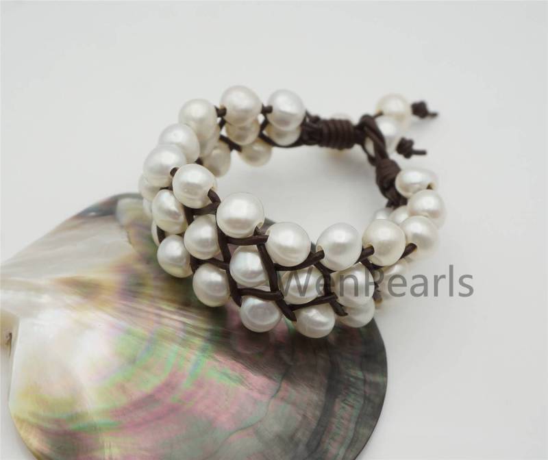 Dreireihiges Nugget Perlen Modeschmuck, Perlen Lederperlen Armband - Geflochtenes Lederarmband Echte Süßwasserperle Le7-161 von WenPearls