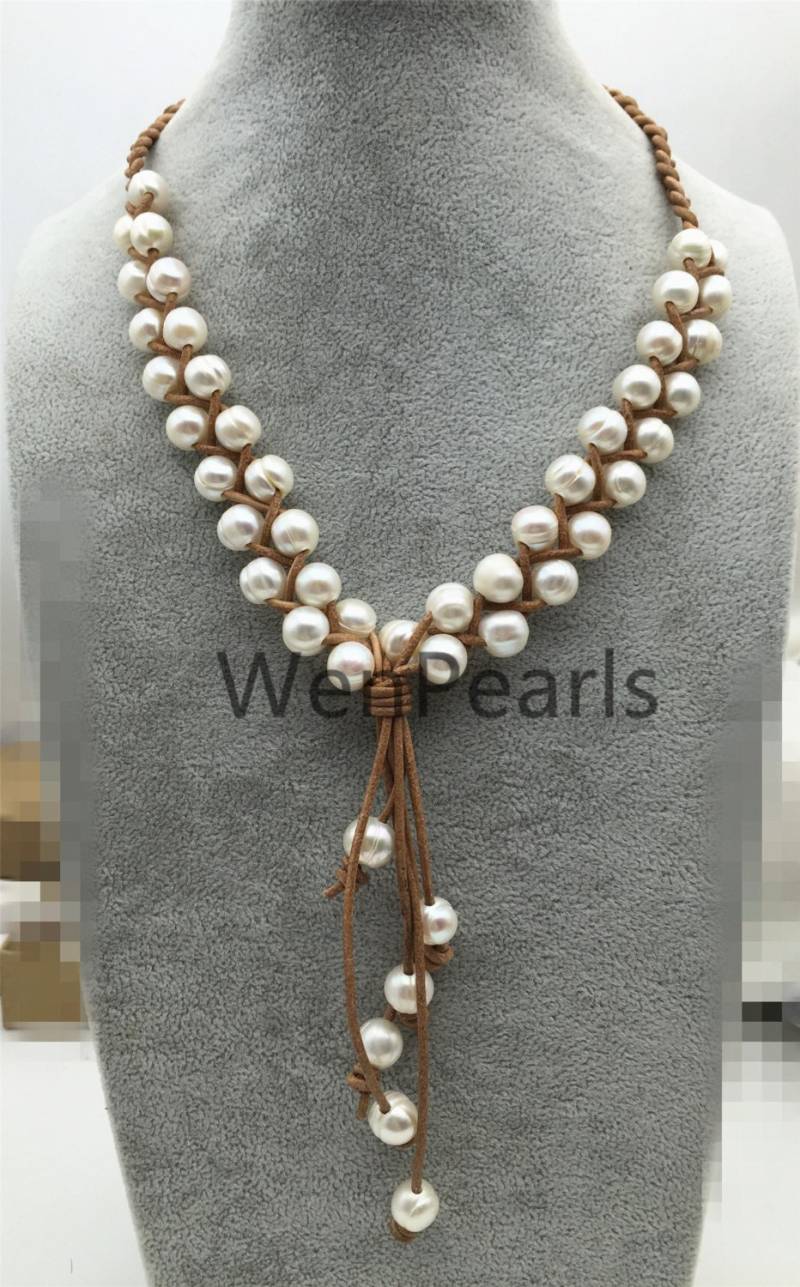 Große Perle Süßwasserperle Und Lederkette - Tropfen Perlenkette Le4-001 von WenPearls