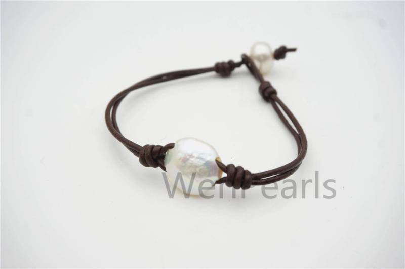 Große Weiße Münze Perle Modeschmuck , Perle Leder Perlen Armband - Geflochtenes Echte Süßwasserperle Le7-136 von WenPearls