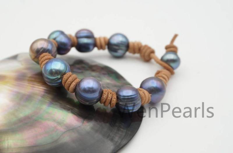 Leder Perlen Armband, Handgemachte Manschette, Echte Süßwasser Perle, Le7-164 von WenPearls