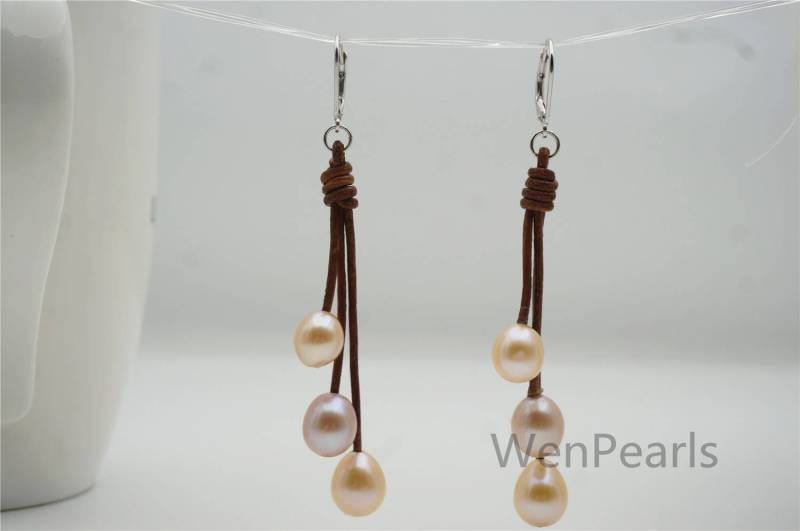 Rosa/Weiß/Lila Farbe Reisperlen Und Leder Ohrringe- Mode Ohrringe - Echtleder Wählen Sie Lederfarbe Le51-003 von WenPearls