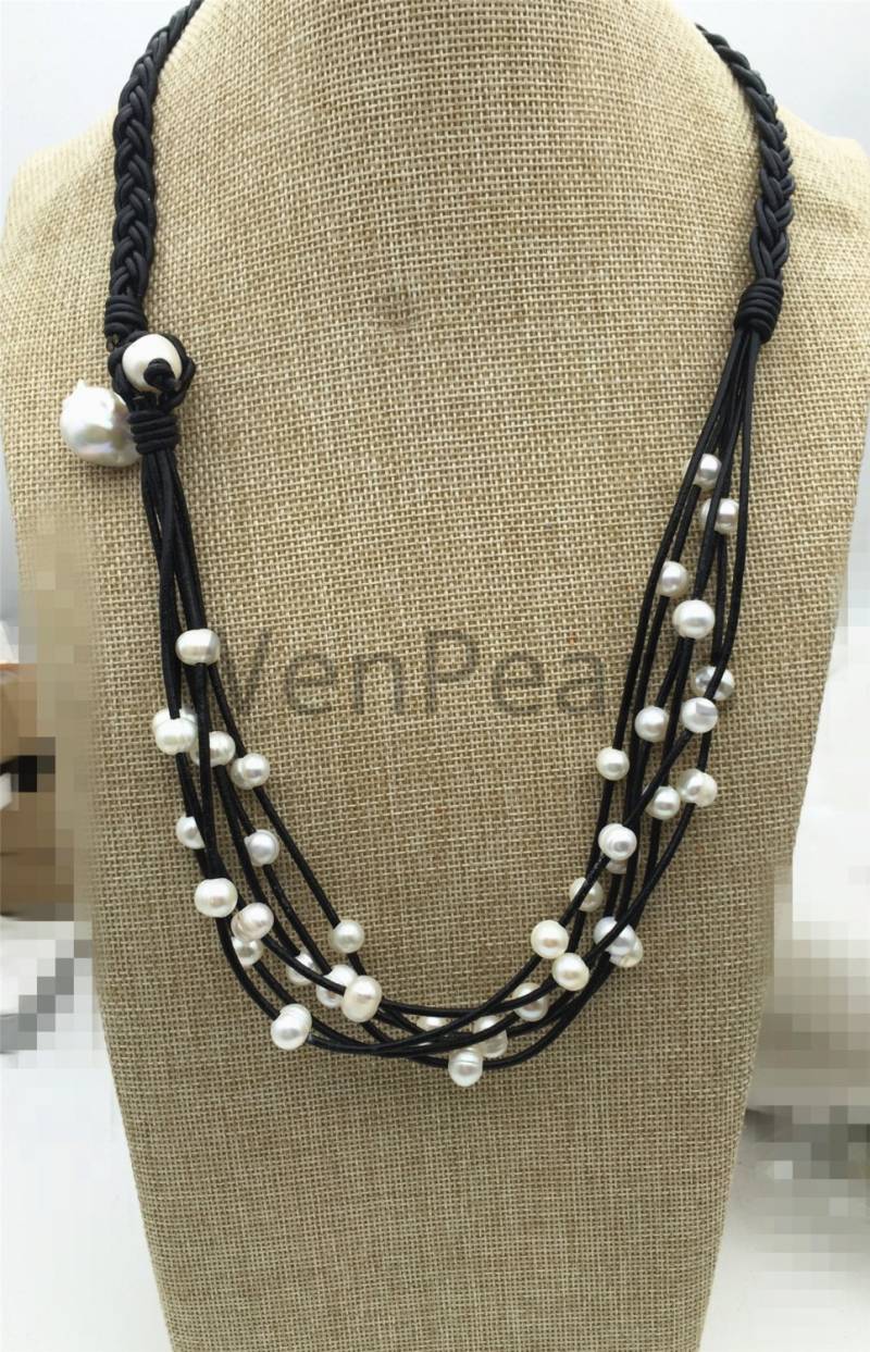 Schwebende Perlen- Und Lederkette, - Mehrsträngige Perlenkette Le4-008 von WenPearls