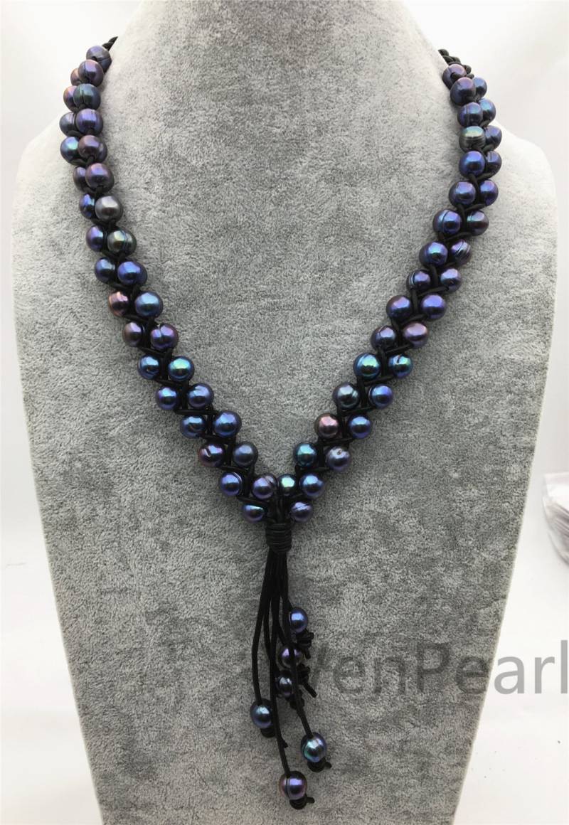 Tiefblaue Süßwasser Perle Und Leder Halskette - Tropfen Perlenkette Le4-023 von WenPearls