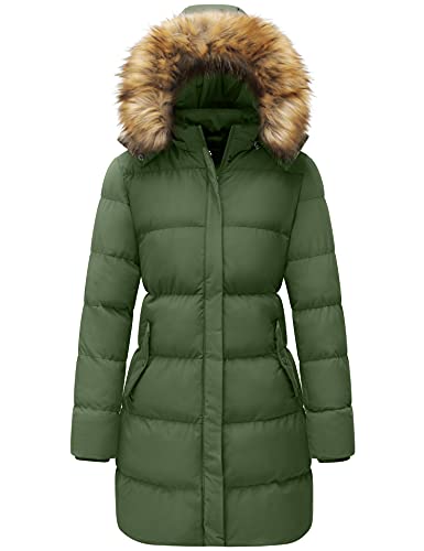 WenVen Damen Lang Wintermantel Winddicht Puffer Jacke Dicke Steppjacke Warm Polstermantel Winter Parka mit Kunstpelz Kapuze Armeegrün XL von WenVen