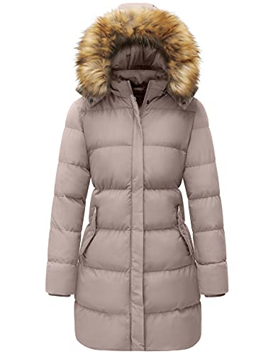 WenVen Damen Lang Wintermantel Winddicht Puffer Jacke Dicke Steppjacke Warm Polstermantel Winter Parka mit Kunstpelz Kapuze Kahki L von WenVen