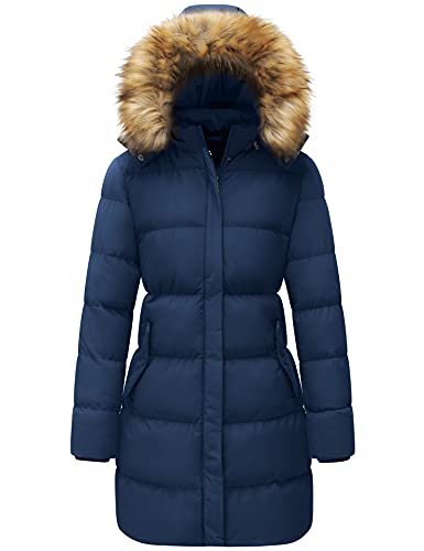 WenVen Damen Lang Wintermantel Winddicht Puffer Jacke Dicke Steppjacke Warm Polstermantel Winter Parka mit Kunstpelz Kapuze Navy XXL von WenVen
