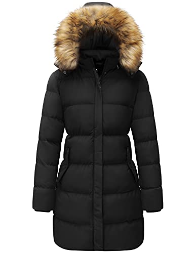 WenVen Damen Lang Wintermantel Winddicht Puffer Jacke Dicke Steppjacke Warm Polstermantel Winter Parka mit Kunstpelz Kapuze Schwarz S von WenVen