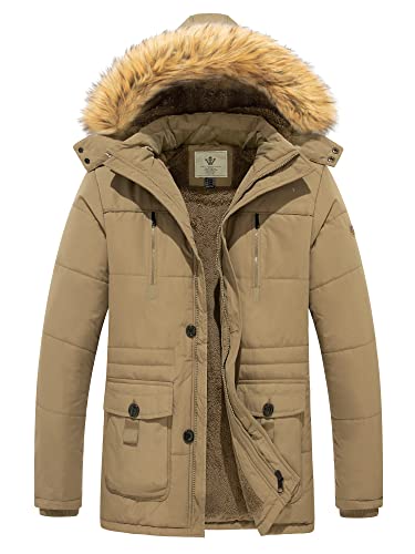 WenVen Herren Baumwolle Abschnitt Jacke Gefüttert Kapuze Jacke Mode Lang Parka Fleece Futter Jacke Kahki M von WenVen