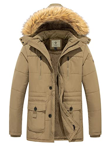 WenVen Herren Baumwolle Abschnitt Jacke Gefüttert Kapuze Jacke Mode Lang Parka Fleece Futter Jacke Kahki M von WenVen
