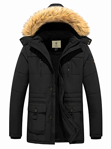 WenVen Herren Fleece Futter Parka Gefüttert Kapuze Jacke Quilted Gesteppt Mäntel Outdoor Sport Mäntel Schwarz S von WenVen