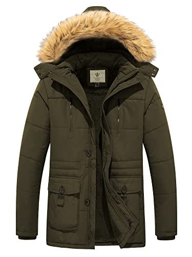 WenVen Herren Gefüttert Kapuze Jacke Fleece Futter Jacke Klassisch Militär Jacke Bequem Freizeit Jacke Grün S von WenVen