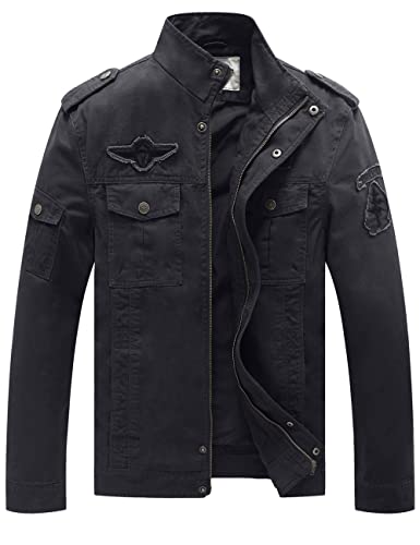 WenVen Herren Lässige Freizeit Windjacke Klassisch Militär Jacke Reißverschluss Windbreaker Mantel Military Baumwolle Jacken Grau M von WenVen
