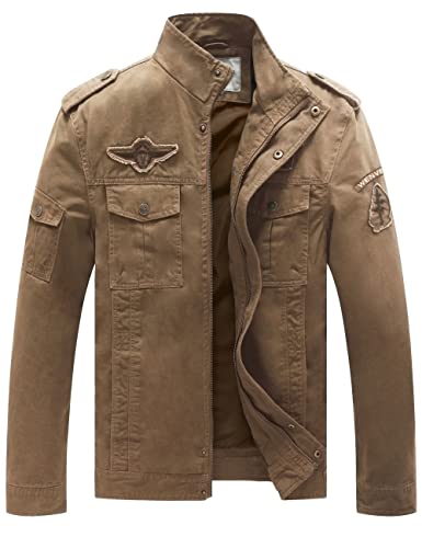 WenVen Herren Leicht Outdoor Jacke Klassisch Militär Jacke Reißverschluss Windbreaker Mantel Military Baumwolle Jacken Kahki XXL von WenVen