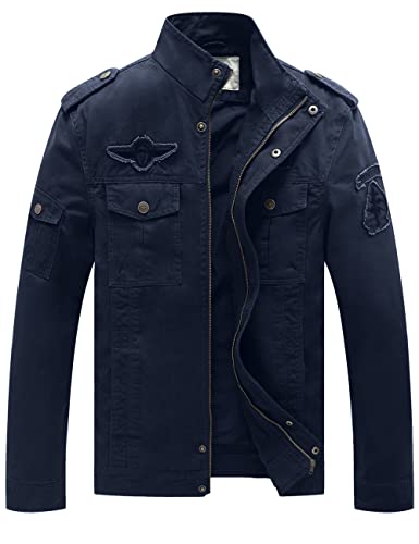 WenVen Herren Leicht Outdoor Jacke Reißverschluss Windbreaker Mantel Cargo Fracht Lodenjacke Military Baumwolle Jacken Blau M von WenVen