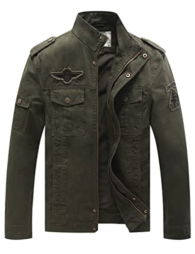 WenVen Herren Militärfracht Lodenjacke Militär Stil Oberbekleidung Freizeit Army Fracht Jacke Cargo Reißverschluss Mäntel Grün L von WenVen