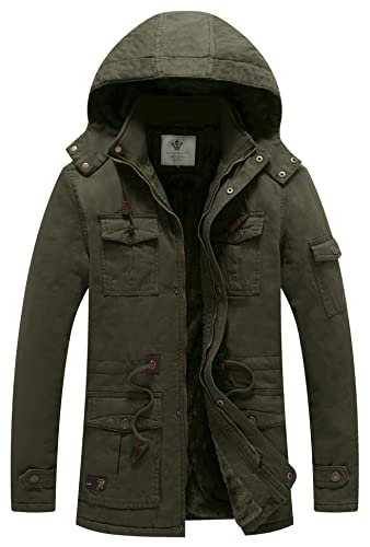 WenVen Herren Winter Outdoor Jacke Parka Verdickte Kapuze Warmer Mantel Winddichte Mittellange Jacke Klassische Militärjacken Grün S von WenVen