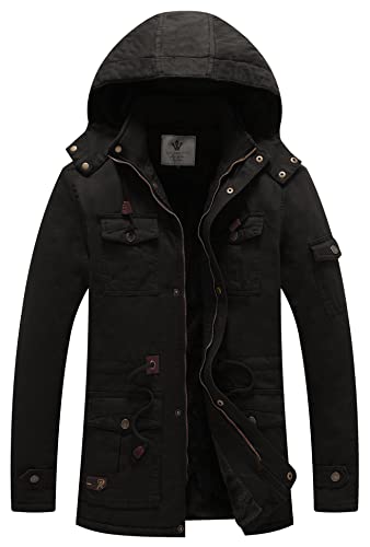 WenVen Herren Winter Outdoor Jacke Parka Verdickte Kapuze Warmer Mantel Winddichte Mittellange Jacke Klassische Militärjacken Schwarz XL von WenVen