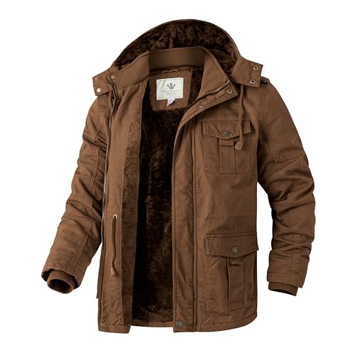 WenVen Herren Winter Outdoor Jacke Warme Fleece Futter Mantel Kapuze Winddichte Jacke Mittellange Lässige Outerwear Mäntel Kaffee XL von WenVen