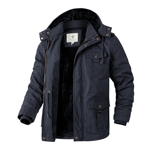 WenVen Herren Winter Outdoor Jacke Warme Fleece Futter Mantel Kapuze Winddichte Jacke Mittellange Lässige Outerwear Mäntel Navy XL von WenVen