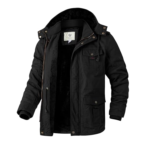WenVen Herren Winter Outdoor Jacke Warme Fleece Futter Mantel Kapuze Winddichte Jacke Mittellange Lässige Outerwear Mäntel Schwarz L von WenVen