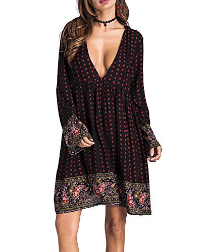 Damen Elegant Langarm V-Ausschnitt Boho Kleider Sommerkleider Strandkleid von Wenchuang