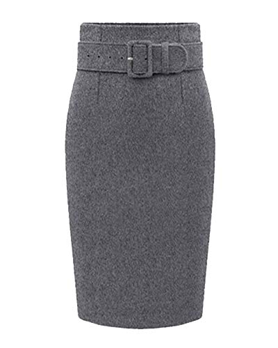 Damen Wollmischung Midi Bleistiftrock Bodycon Knielanger Rock mit Gürtel Rauchfarben L von Wenchuang