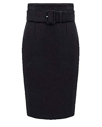 Damen Wollmischung Midi Bleistiftrock Bodycon Knielanger Rock mit Gürtel Schwarz M von Wenchuang