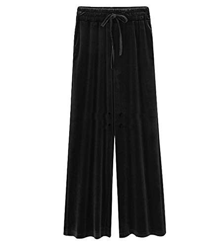 Wenchuang Damen Elastischer Bund Plus Size Palazzo Hosen Freizeithose Samt Hose mit Kordelzug Schwarz XXL von Wenchuang