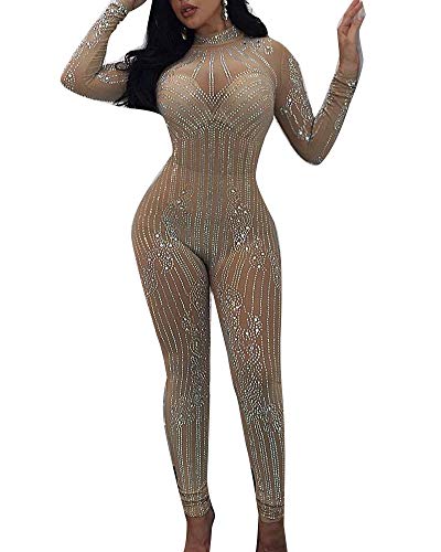 Wenchuang Damen Langarm Durchsichtiges Mesh Paillette Sparkly Bodycon Jumpsuit Clubwear Aprikose L von Wenchuang