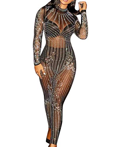 Wenchuang Damen Langarm Durchsichtiges Mesh Paillette Sparkly Bodycon Jumpsuit Clubwear Schwarz L von Wenchuang