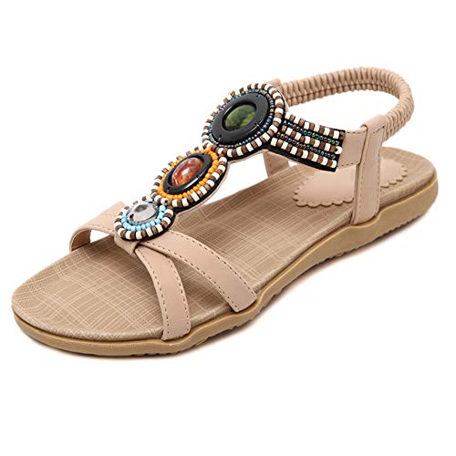 Wenchuang Damen Sandalen Böhmische Flach Strass Sommer Strandschuhe Aprikose 38 von Wenchuang