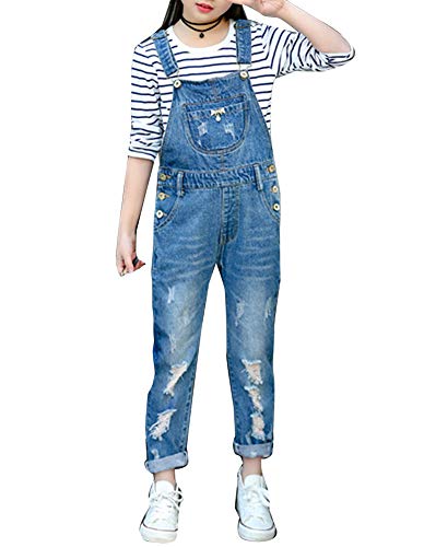 Wenchuang Kinder Mädchen Latzhose Jeans Jumpsuit Overall Zerrissene Lange Jeans Blau 130 von Wenchuang